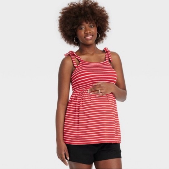 Isabel Maternity Red and White Stripes Tie Strap Maternity Tank Top - Picture 2 of 5